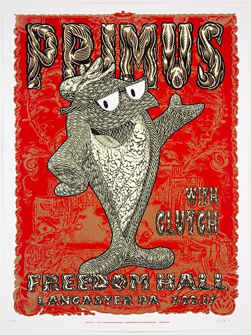 Primus Tour Poster: Fish On, 2017

Commissioned by Primus exclusively for their July 22nd, 2017 performance at Freedom Hall in Lancaster, PA.

Main edition

Four color screen print 
Signed & numbered 
Limited Edition of 350 
Size: 24 x 18 inches / 61 x 45