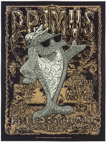 Primus Tour Poster: Fish On, 2017 (Variant: Black)

Commissioned by Primus exclusively for their July 22nd, 2017 performance at Freedom Hall in Lancaster, PA.

Variant: Black

Four color screen print on black paper 
Signed & numbered 
Limited Edition of 3
