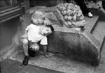 Helen Levitt

New York City, 1940. 
[Boy crouching by lion steps]