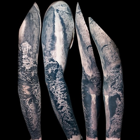 Fully Healed Yosemite Falls Tattoo sleeve in black and grey