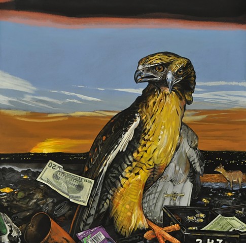 Red Tail Hawk hunting on the side of a freeway by painter Leiv Fagereng
