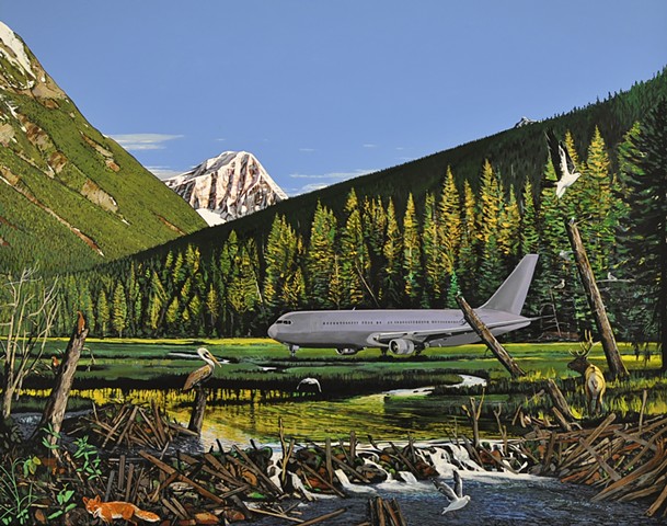 Jetliner in forest settling by Portland painter Leiv Fagereng