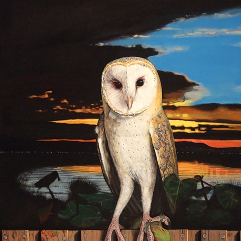 Owl painting hanging at Little Bird Bistro by Leiv Fagereng