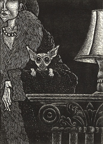image of a lady in fur coat with her pet chihuahua at an evening social occasion created using wood engraving printing method
