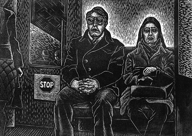 image of a couple going through midlife crisis in a subway train 