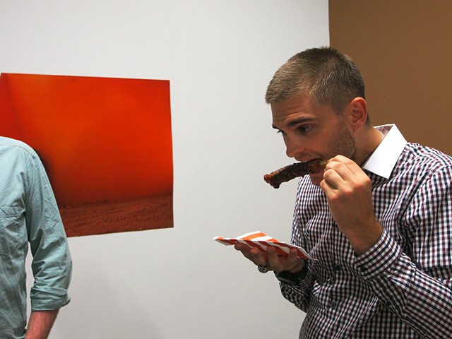 Dirty Opening documentation of BBQ rib consumption by gallery patrons