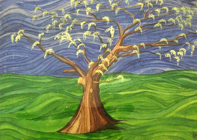 Conceptual water color painting on paper of tree