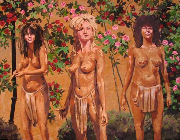 painting on wood panel of the punk rock group from the 1970's The Slits covered in mud in a rose garden by Chris Mona