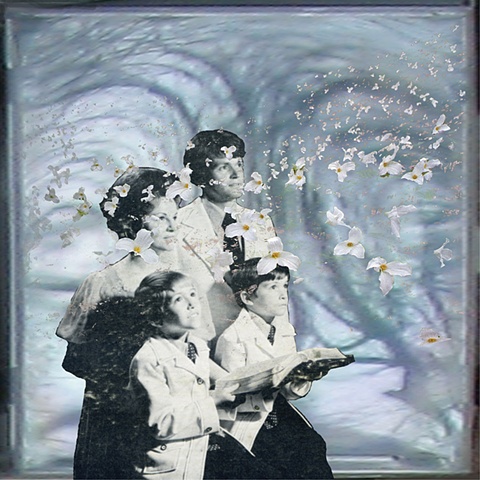 digital print of the Christian snging group from the 1970's the DeLauder Family as a visionary experience with trillium in a vortex by Chris Mona