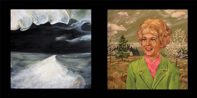 painting in two panels of black and white visionary scene and Christian singer Carole Prond by Chris Mona