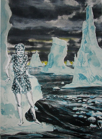 lithograph of the British comedienne Judy Carne in a miniskirt as a visionary experience surrounded by menacing icebergs and a stormy sky by Chris Mona
