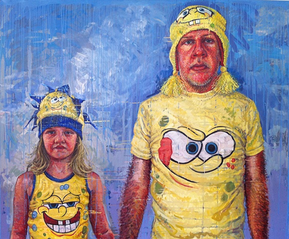 father and daughter, portrait, painting,  sponge bob, figure, figurative
