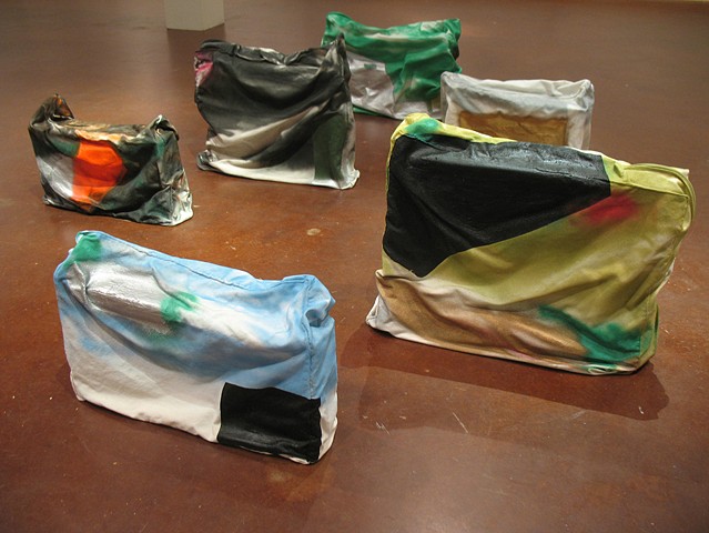 CURATORIAL

COLLAPSE

Carin Rodenborn

Pillowcases for the Dead
Acrylic and spray paint
on canvas
6 total pieces
dimensions variable (approximately 10 x 10 ft. on the floor)