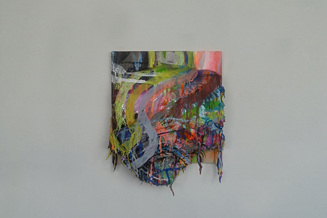 Five-inch thick slab of acrylic and spray paint with drips and multi-colored stripes which cause the dimentionality of the slab to flatten out.