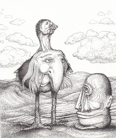 Pen-and-ink Head statue bird legs