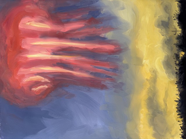 night sky, red light sprites, contemporary landscape painting, climate art