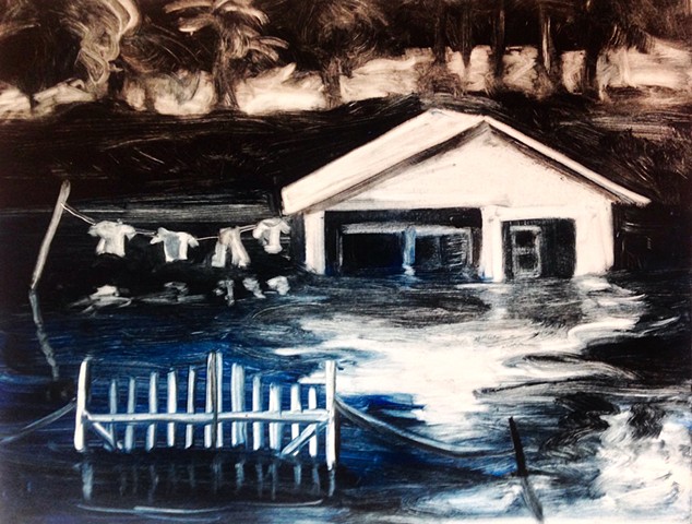 monotype, storm, house, water, flood, landscape