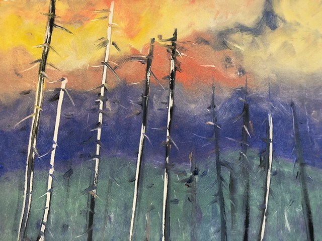 climate art, monotype landscape, trees, contemporary landscape