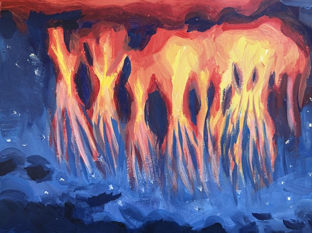 red light sprites, night sky, light apparations, landcape painting, contemporary landscape paintings