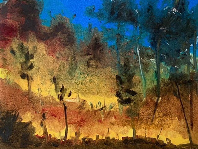 climate art, monotype landscape, fire, contemporary landscape