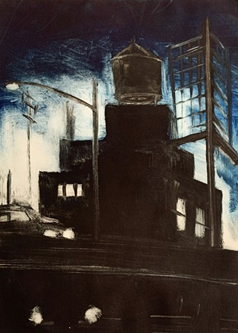 monotype, urban landscape, cityscape, watertower, Brooklyn