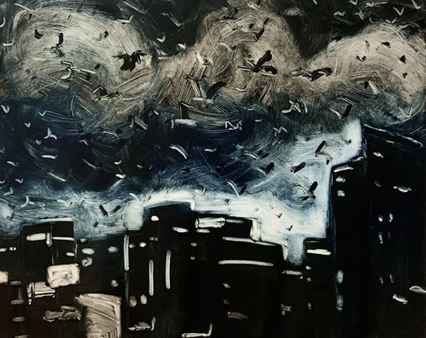 monotype, birds, cityscape