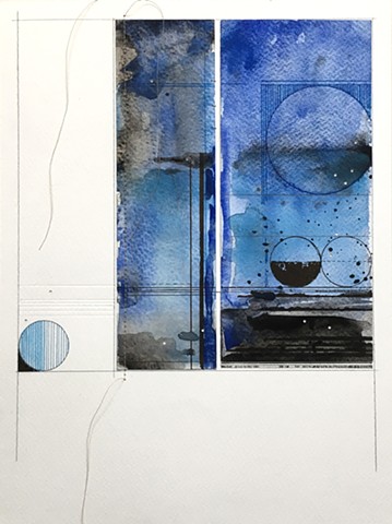 original, unframed abstract collage on paper with ink, watercolor and thread