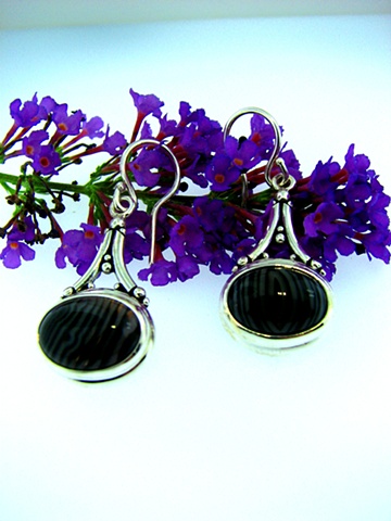 Sterling silver french hook earrings with 14x10mm Oval  Banded Lace Agate cabs.