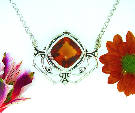 Large ornate sterling silver pendant with 20mm cushion cut Madeira Citrine buff-top + attached 18in rolo chain.