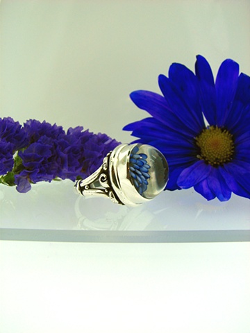 Large Sterling Silver ring with hand worked glass bead. (Glass by KXB glass.)