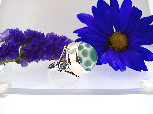 Large Sterling Silver ring with hand worked opaque glass bead + 4mm select London Blue Topaz accents.  (glass by KXB glass.)