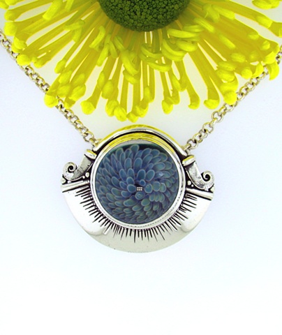 Large Sterling Silver pendant with approx. 30mm round hand worked glass bead + attached 18in. Rolo chain. (glass bead by KXB glass.)