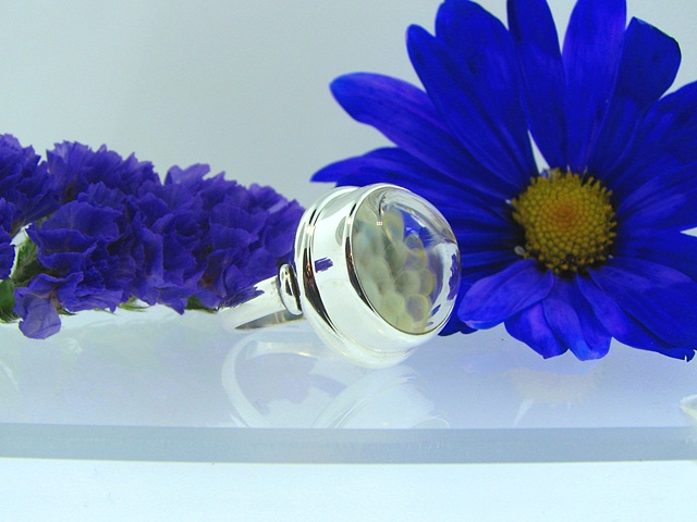Large Sterling Silver ring with hand worked glass bead. (glass by KXB glass.)