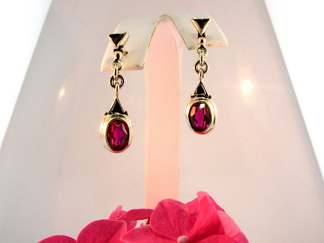 14k Yellow Gold dangling stud earrings with customers 8x6mm oval rubies