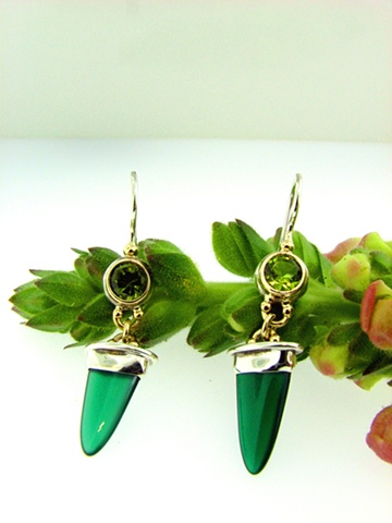 2-Tone Sterling Silver + 14k Yellow Gold earrings with custom 16mm length bullet cabs + select 6mm round Peridot accents.