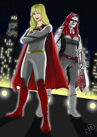 Illustration piece of the CW's Supergirl and Batwoman with alternate costume designs.