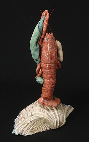 Rebirth of Venus, after Botticelli, ceramic lobster figure on a half shell by Linda S Fitz Gibbon