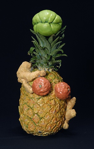 ceramic portrait with pineapple and other fruit by Linda S Fitz Gibbon