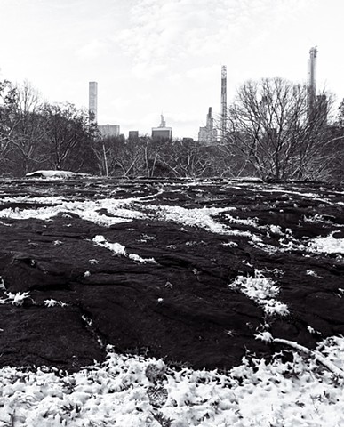 Photograph of Central Park, with Rocks, Snow, and Buildings, Manhattan, NYC, by Judith Ebenstein