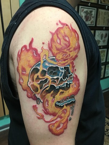 Chrome Skull w Fire Snake - Darius Lipinski / Animal Farm Tattoo Chicago