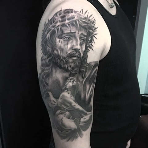 @dtattooer Chicago Tattoo Artist Black and Grey Jesus Christ Angel Statue