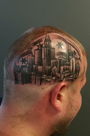 Animal Farm Tattoos Chicago Tatuajes Chicago Skyline and Flag Head Tattoo