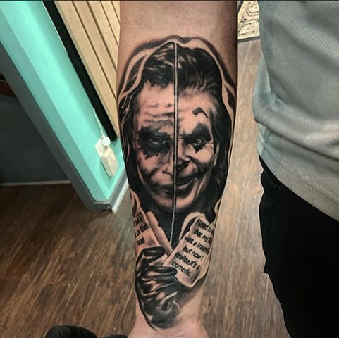 Heath Ledger and Joaquin Phoenix Joker Black and Grey Portraits - Darius Lipinski / Animal Farm Tattoo Chicago