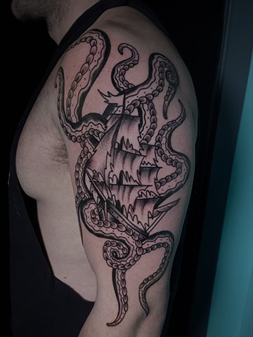 Explore a kraken attacking a clipper ship tattoo design from Animal Farm Tattoo in Chicago. Bold American traditional nautical flash featuring classic maritime imagery — walk-ins welcome or book custom work.