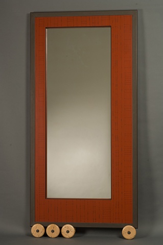 Large Red Wheeled Wall Mirror