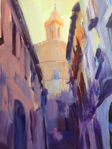 Impressionistic Landscape Painting,Street Scene,Cathedral,Tudela,Navarra,Spain,Acrylic on canvas