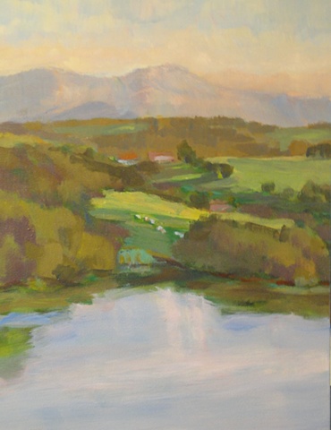 Landscape painting,vista, Impressionistic, San Vicente del la Barquera, Cantabria, Spain, pastorial, gold float frame 
