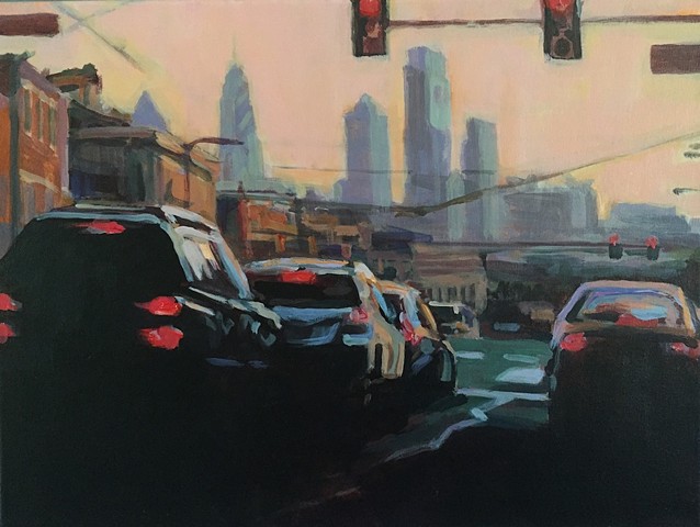 Urban street scene, dusk, Philadelphia