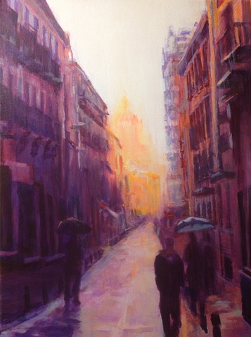 Impressionism,Landscape,Cityscape, Spanish street scene, Granada Spring Rain, 