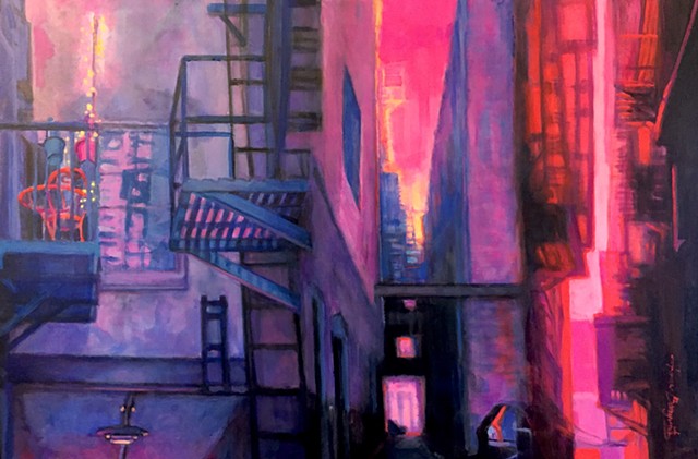 triptych, urban street scenes, flourescent, impressionistic, pop